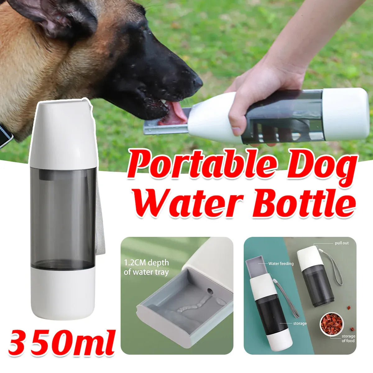 Pet Water Bottle Leakproof 350ml with 120ml Food Compartment White
